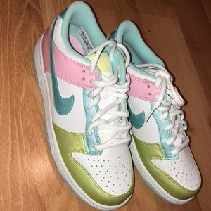 Nike Dunk Low- white and pastel pink, green, blue